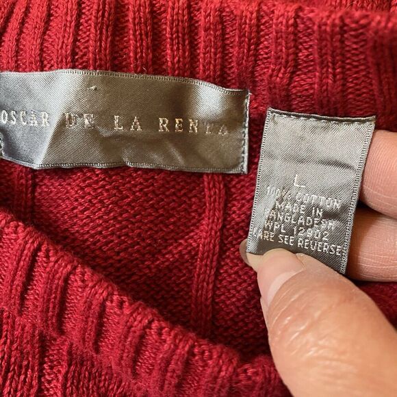 Oscar de la Renta Sweater Men L Cable Knit Red Crew Neck Jumper Pullover Preppy - Picture 4 of 8